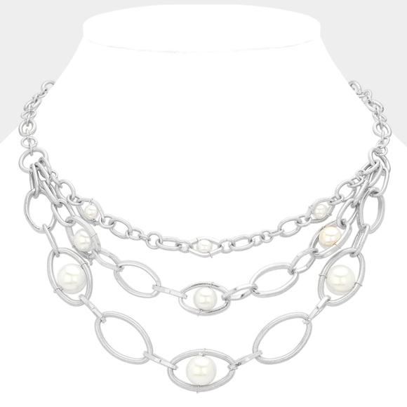 Layered Silver & White Pearl Necklace Chain Link Oval Metal Statement Jewelry - Picture 1 of 4